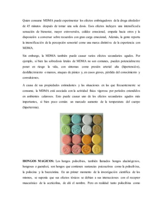 Quien consume MDMA puede experimentar los efectos embriagadores de la droga alrededor
de 45 minutos después de tomar una sola dosis. Esos efectos incluyen una intensificada
sensación de bienestar, mayor extroversión, calidez emocional, empatía hacia otros y la
disposición a conversar sobre recuerdos con gran carga emocional, Además, la gente reporta
la intensificación de la percepción sensorial como una marca distintiva de la experiencia con
MDMA.
Sin embargo, la MDMA también puede causar varios efectos secundarios agudos. Por
ejemplo, si bien las sobredosis letales de MDMA no son comunes, pueden potencialmente
poner en riesgo la vida, con síntomas como presión arterial alta (hipertensión),
desfallecimiento o mareos, ataques de pánico y, en casos graves, pérdida del conocimiento y
convulsiones.
A causa de sus propiedades estimulantes y las situaciones en las que frecuentemente se
consume, la MDMA está asociada con la actividad física vigorosa por períodos extendidos
en ambientes calurosos. Esto puede causar uno de los efectos secundarios agudos más
importantes, si bien poco común: un marcado aumento de la temperatura del cuerpo
(hipertermia).
HONGOS MAGICOS: Los hongos psilocibios, también llamados hongos alucinógenos,
hongosas o guendozi, son hongos que contienen sustancias psicoactivas como la psilocibina,
la psilocina y la baeocistina. En un primer momento de la investigación científica de los
mismos, se suponía que sus efectos tóxicos se debían a sus interacciones con el receptor
muscarinico de la aceticolina, de ahí el nombre. Pero en realidad tanto psilocibina como
 