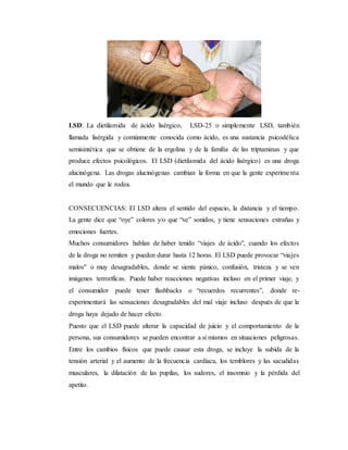 LSD: La dietilamida de ácido lisérgico, LSD-25 o simplemente LSD, también
llamada lisérgida y comúnmente conocida como ácido, es una sustancia psicodélica
semisintética que se obtiene de la ergolina y de la familia de las triptaminas y que
produce efectos psicológicos. El LSD (dietilamida del ácido lisérgico) es una droga
alucinógena. Las drogas alucinógenas cambian la forma en que la gente experimenta
el mundo que le rodea.
CONSECUENCIAS: El LSD altera el sentido del espacio, la distancia y el tiempo.
La gente dice que “oye” colores y/o que “ve” sonidos, y tiene sensaciones extrañas y
emociones fuertes.
Muchos consumidores hablan de haber tenido “viajes de ácido", cuando los efectos
de la droga no remiten y pueden durar hasta 12 horas. El LSD puede provocar “viajes
malos" o muy desagradables, donde se siente pánico, confusión, tristeza y se ven
imágenes terroríficas. Puede haber reacciones negativas incluso en el primer viaje, y
el consumidor puede tener flashbacks o “recuerdos recurrentes”, donde re-
experimentará las sensaciones desagradables del mal viaje incluso después de que la
droga haya dejado de hacer efecto.
Puesto que el LSD puede alterar la capacidad de juicio y el comportamiento de la
persona, sus consumidores se pueden encontrar a sí mismos en situaciones peligrosas.
Entre los cambios físicos que puede causar esta droga, se incluye la subida de la
tensión arterial y el aumento de la frecuencia cardíaca, los temblores y las sacudidas
musculares, la dilatación de las pupilas, los sudores, el insomnio y la pérdida del
apetito.
 