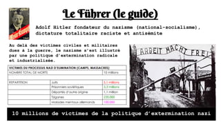 Le Führer (le guide)
Adolf Hitler fondateur du nazisme (national-socialisme),
dictature totalitaire raciste et antisémite
Au delà des victimes civiles et militaires
dues à la guerre, le nazisme s’est illustré
par une politique d’extermination radicale
et industrialisée.
10 millions de victimes de la politique d’extermination nazi
 