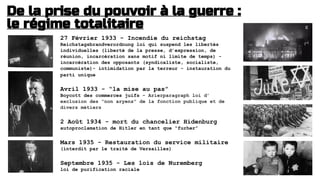 27 Février 1933 - Incendie du reichstag
Reichstagsbrandverordnung loi qui suspend les libertés
individuelles (liberté de la presse, d’expression, de
réunion, incarcération sans motif ni limite de temps) -
incarcération des opposants (syndicaliste, socialiste,
communiste)- intimidation par la terreur - instauration du
parti unique
Avril 1933 - “la mise au pas”
Boycott des commerces juifs - Arierparagraph loi d’
exclusion des “non aryens” de la fonction publique et de
divers métiers
2 Août 1934 - mort du chancelier Hidenburg
autoproclamation de Hitler en tant que “furher”
Mars 1935 - Restauration du service militaire
(interdit par le traité de Versailles)
Septembre 1935 - Les lois de Nuremberg
loi de purification raciale
De la prise du pouvoir à la guerre :
le régime totalitaire
 
