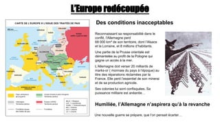 L’Europe redécoupée
Des conditions inacceptables
Humiliée, l’Allemagne n’aspirera qu’à la revanche
Reconnaissant sa responsabilité dans le
conflit, l’Allemagne perd
68 000 km² de son territoire, dont l’Alsace
et la Lorraine, et 8 millions d’habitants.
Une partie de la Prusse orientale est
démantelée au profit de la Pologne qui
gagne un accès à la mer.
L’Allemagne doit verser 20 milliards de
marks-or ( monnaie du pays à l’époque) au
titre des réparations réclamées par la
France. Elle perd l’essentiel de son minerai
et de sa production agricole.
Ses colonies lui sont confisquées. Sa
puissance militaire est anéantie…
Une nouvelle guerre se prépare, que l’on pensait écarter…
 