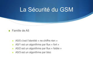 La Sécurité du GSM


S Famille de A5


  S A5/0 c’est l’identité « ne chiffre rien »
  S A5/1 est un algorithme par flux « fort »
  S A5/2 est un algorithme par flux « faible »
  S A5/3 est un algorithme par bloc
 