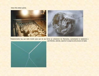 Estos hilos deben pulirse.
Posteriormente hay que darle torsión para que de esa forma se cohesionen los filamentos, aumentando la resistencia y
permitiendo, además, soportar la exigencia del proceso de tejido.
 