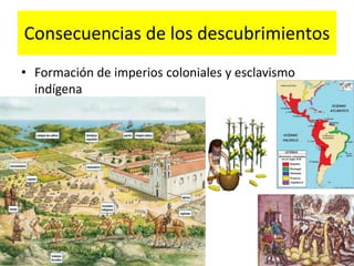 Consecuencias de los descubrimientos
• Formación de imperios coloniales y esclavismo
indígena
 