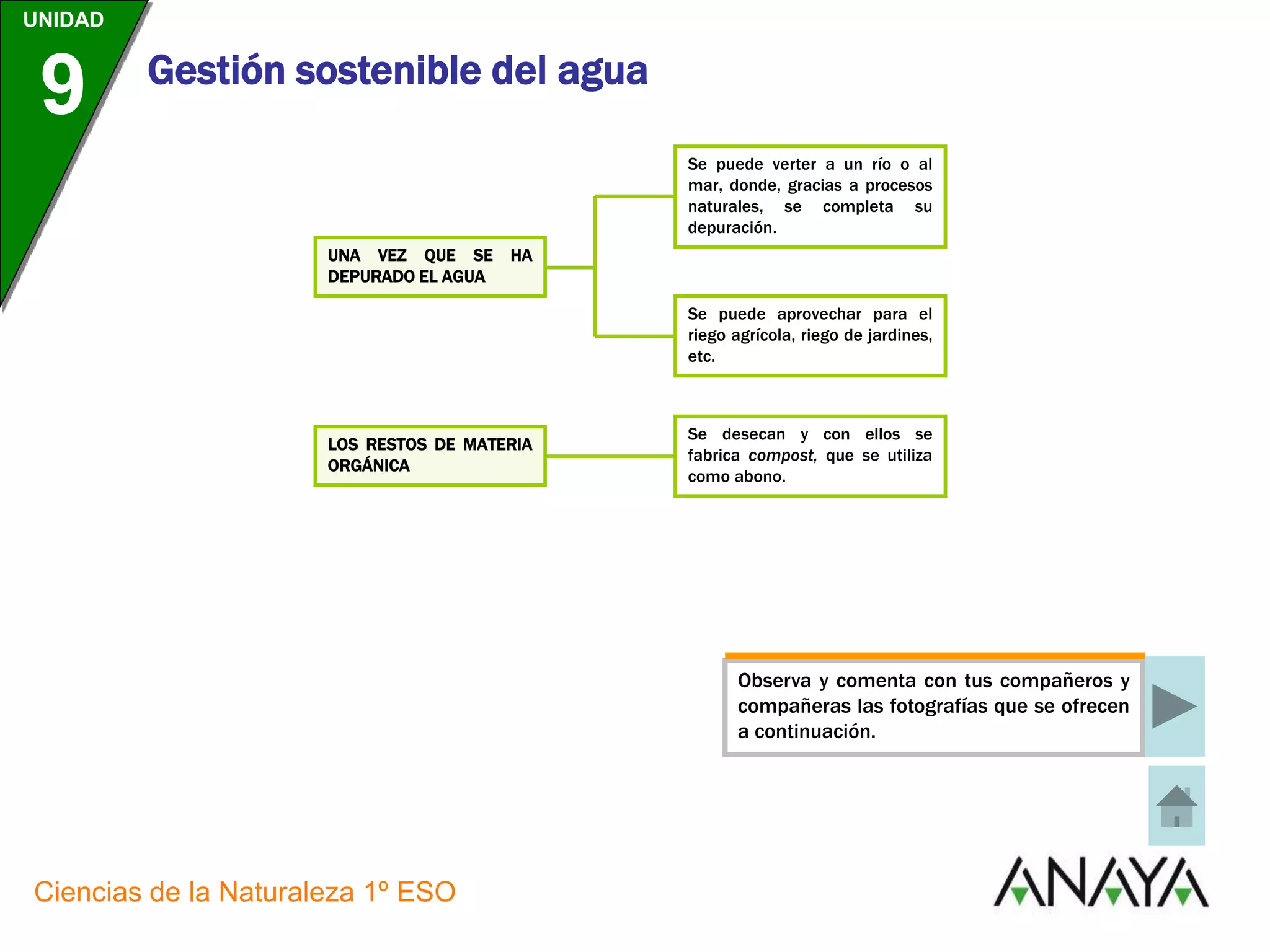 UNIDAD
9
Ciencias de la Naturaleza 1º ESO
Gestión sostenible del agua
UNA VEZ QUE SE HA
DEPURADO EL AGUA
Se puede verter a un río o al
mar, donde, gracias a procesos
naturales, se completa su
depuración.
Se puede aprovechar para el
riego agrícola, riego de jardines,
etc.
LOS RESTOS DE MATERIA
ORGÁNICA
Se desecan y con ellos se
fabrica compost, que se utiliza
como abono.
Observa y comenta con tus compañeros y
compañeras las fotografías que se ofrecen
a continuación.
 