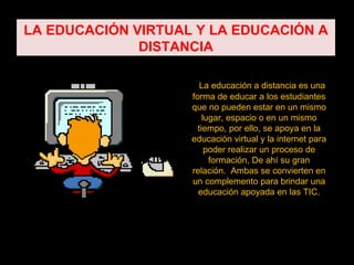 LA EDUCACIÓN VIRTUAL Y LA EDUCACIÓN A
              DISTANCIA

                       La educación a distancia es una
                    forma de educar a los estudiantes
                    que no pueden estar en un mismo
                        lugar, espacio o en un mismo
                      tiempo, por ello, se apoya en la
                    educación virtual y la internet para
                         poder realizar un proceso de
                          formación, De ahí su gran
                    relación. Ambas se convierten en
                    un complemento para brindar una
                      educación apoyada en las TIC.
 
