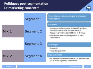 Segment 1
Mix 1 Segment 2
Segment 3
Mix 2 Segment 4
Sélection des segments porteurs pour
l’entreprise
Contexte
•Ressources de l’entreprise limitées (financières,
humaines, savoir-faire, technologiques)
•Risque de problème de crédibilité et d’ image
•Fonction de la santé des segments, et de la
concurrence
Avantages
•économie
•image de spécialiste
Inconvénients
•Pas de répartition des risques en cas de difficultés
sur le ou les segments sélectionnés
Politiques post-segmentation
Le marketing concentré
Olivier Z La Segmentation 19
 