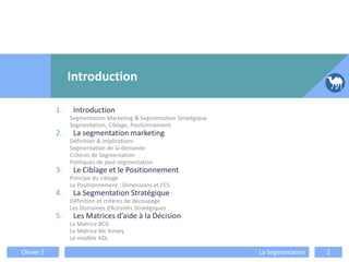 1. Introduction
Segmentation Marketing & Segmentation Stratégique
Segmentation, Ciblage, Positionnement
2. La segmentation marketing
Définition & Implications
Segmentation de la demande
Critères de Segmentation
Politiques de post-segmentation
3. Le Ciblage et le Positionnement
Principe du ciblage
Le Positionnement : Dimensions et FCS
4. La Segmentation Stratégique
Définition et critères de découpage
Les Domaines d’Activités Stratégiques
5. Les Matrices d’aide à la Décision
La Matrice BCG
La Matrice Mc Kinsey
Le modèle ADL
Introduction
Olivier Z La Segmentation 2
 