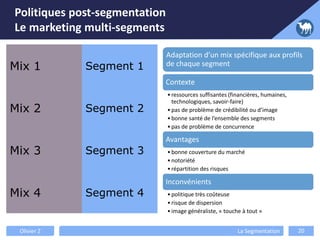 Mix 1 Segment 1
Mix 2 Segment 2
Mix 3 Segment 3
Mix 4 Segment 4
Adaptation d’un mix spécifique aux profils
de chaque segment
Contexte
•ressources suffisantes (financières, humaines,
technologiques, savoir-faire)
•pas de problème de crédibilité ou d’image
•bonne santé de l’ensemble des segments
•pas de problème de concurrence
Avantages
•bonne couverture du marché
•notoriété
•répartition des risques
Inconvénients
•politique très coûteuse
•risque de dispersion
•image généraliste, « touche à tout »
Politiques post-segmentation
Le marketing multi-segments
Olivier Z La Segmentation 20
 