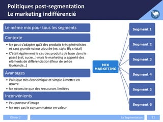Le même mix pour tous les segments
Contexte
• Ne peut s’adapter qu’à des produits très généralistes
et sans grande valeur ajoutée (ex. stylo Bic cristal)
• C’était également le cas des produits de base dans le
passé (sel, sucre…) mais le marketing a apporté des
éléments de différenciation (fleur de sel de
Guérande…)
Avantages
• Politique très économique et simple à mettre en
œuvre
• Ne nécessite que des ressources limitées
Inconvénients
• Peu porteur d’image
• Ne met pas le consommateur en valeur
Politiques post-segmentation
Le marketing indifférencié
MIX
MARKETING
Segment 1
Segment 2
Segment 3
Segment 4
Segment 5
Segment 6
Olivier Z La Segmentation 21
 