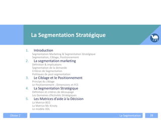 1. Introduction
Segmentation Marketing & Segmentation Stratégique
Segmentation, Ciblage, Positionnement
2. La segmentation marketing
Définition & Implications
Segmentation de la demande
Critères de Segmentation
Politiques de post-segmentation
3. Le Ciblage et le Positionnement
Principe du ciblage
Le Positionnement : Dimensions et FCS
4. La Segmentation Stratégique
Définition et critères de découpage
Les Domaines d’Activités Stratégiques
5. Les Matrices d’aide à la Décision
La Matrice BCG
La Matrice Mc Kinsey
Le modèle ADL
La Segmentation Stratégique
Olivier Z La Segmentation 28
 