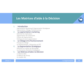 1. Introduction
Segmentation Marketing & Segmentation Stratégique
Segmentation, Ciblage, Positionnement
2. La segmentation marketing
Définition & Implications
Segmentation de la demande
Critères de Segmentation
Politiques de post-segmentation
3. Le Ciblage et le Positionnement
Principe du ciblage
Le Positionnement : Dimensions et FCS
4. La Segmentation Stratégique
Définition et critères de découpage
Les Domaines d’Activités Stratégiques
5. Les Matrices d’aide à la Décision
La Matrice BCG
La Matrice Mc Kinsey
Le modèle ADL
Les Matrices d’aide à la Décision
Olivier Z La Segmentation 33
 