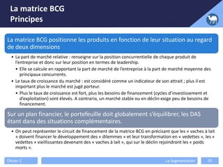 La matrice BCG
Principes
Olivier Z La Segmentation 35
La matrice BCG positionne les produits en fonction de leur situation au regard
de deux dimensions
• La part de marché relative : renseigne sur la position concurrentielle de chaque produit de
l’entreprise et donc sur leur position en termes de leadership.
• Elle se calcule en rapportant la part de marché de l’entreprise à la part de marché moyenne des
principaux concurrents.
• Le taux de croissance du marché : est considéré comme un indicateur de son attrait ; plus il est
important plus le marché est jugé porteur.
• Plus le taux de croissance est fort, plus les besoins de financement (cycles d’investissement et
d’exploitation) sont élevés. A contrario, un marché stable ou en déclin exige peu de besoins de
financement.
Sur un plan financier, le portefeuille doit globalement s’équilibrer, les DAS
étant dans des situations complémentaires.
• On peut représenter le circuit de financement de la matrice BCG en précisant que les « vaches à lait
» doivent financer le développement des « dilemmes » et leur transformation en « vedettes », les «
vedettes » vieillissantes devenant des « vaches à lait », qui sur le déclin rejoindront les « poids
morts ».
 