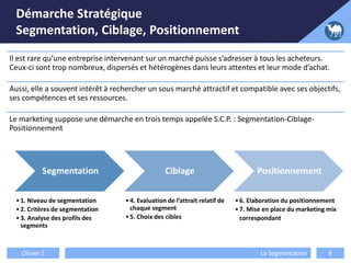 Démarche Stratégique
Segmentation, Ciblage, Positionnement
Il est rare qu’une entreprise intervenant sur un marché puisse s’adresser à tous les acheteurs.
Ceux-ci sont trop nombreux, dispersés et hétérogènes dans leurs attentes et leur mode d’achat.
Aussi, elle a souvent intérêt à rechercher un sous marché attractif et compatible avec ses objectifs,
ses compétences et ses ressources.
Le marketing suppose une démarche en trois temps appelée S.C.P. : Segmentation-Ciblage-
Positionnement
Segmentation
•1. Niveau de segmentation
•2. Critères de segmentation
•3. Analyse des profils des
segments
Ciblage
•4. Evaluation de l’attrait relatif de
chaque segment
•5. Choix des cibles
Positionnement
•6. Elaboration du positionnement
•7. Mise en place du marketing mix
correspondant
Olivier Z La Segmentation 6
 