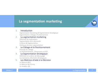 1. Introduction
Segmentation Marketing & Segmentation Stratégique
Segmentation, Ciblage, Positionnement
2. La segmentation marketing
Définition & Implications
Segmentation de la demande
Critères de Segmentation
Politiques de post-segmentation
3. Le Ciblage et le Positionnement
Principe du ciblage
Le Positionnement : Dimensions et FCS
4. La Segmentation Stratégique
Définition et critères de découpage
Les Domaines d’Activités Stratégiques
5. Les Matrices d’aide à la Décision
La Matrice BCG
La Matrice Mc Kinsey
Le modèle ADL
La segmentation marketing
Olivier Z La Segmentation 7
 