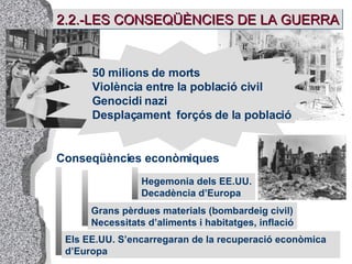 2.2.-LES CONSEQÜÈNCIES DE LA GUERRA Hegemonia dels EE.UU. Decadència d’Europa Grans pèrdues materials (bombardeig civil) Necessitats d’aliments i habitatges, inflació Els EE.UU. S’encarregaran de la recuperació econòmica d’Europa Conseqüències econòmiques 50 milions de morts Violència entre la població civil Genocidi nazi Desplaçament  forçós de la població 