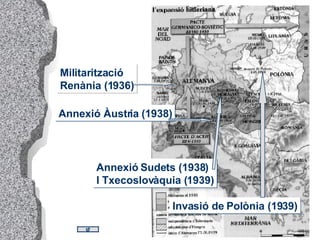Militarització  Renània (1936) Annexió Àustria (1938) Annexió Sudets (1938) I Txecoslovàquia (1939) Invasió de Polònia (1939) 