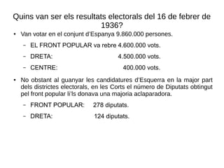 Quins van ser els resultats electorals del 16 de febrer de
1936?
● Van votar en el conjunt d’Espanya 9.860.000 persones.
– EL FRONT POPULAR va rebre 4.600.000 vots.
– DRETA: 4.500.000 vots.
– CENTRE: 400.000 vots.
● No obstant al guanyar les candidatures d’Esquerra en la major part
dels districtes electorals, en les Corts el número de Diputats obtingut
pel front popular li’ls donava una majoria aclaparadora.
– FRONT POPULAR: 278 diputats.
– DRETA: 124 diputats.
 