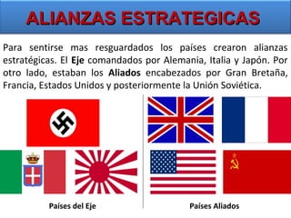 ALIANZAS ESTRATEGICAS
Para sentirse mas resguardados los países crearon alianzas
estratégicas. El Eje comandados por Alemania, Italia y Japón. Por
otro lado, estaban los Aliados encabezados por Gran Bretaña,
Francia, Estados Unidos y posteriormente la Unión Soviética.

Países del Eje

Países Aliados

 