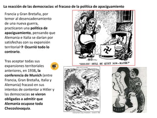 La reacción de las democracias: el fracaso de la política de apaciguamiento
Francia y Gran Bretaña, por
temor al desencadenamiento
de una nueva guerra,
practicaron una política de
apaciguamiento, pensando que
Alemania e Italia se darían por
satisfechas con su expansión
territorial Ocurrió todo lo
contrario.
Tras aceptar todas sus
expansiones territoriales
anteriores, en 1938, la
conferencia de Munich (entre
Francia, Gran Bretaña, Italia y
Alemania) fracasó en sus
intentos de contentar a Hitler y
las democracias se vieron
obligadas a admitir que
Alemania ocupase toda
Checoslovaquia.
 