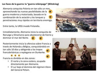 Las fases de la guerra: la “guerra relámpago” (Blitzkrieg)
Alemania conquista Polonia en tan sólo un mes,
aprovechando las nuevas posibilidades de la
guerra moderna y motorizada, basada en la
combinación de la aviación y los tanques y
penetraciones muy rápidas en territorio enemigo.
Entre tanto, la URSS invade Finlandia.
Inmediatamente, Alemania inicia la conquista de
Noruega y Dinamarca para abastecerse de hierro y
dominar el mar del Norte.
Posteriormente inicia la ofensiva sobre Francia a
través de Holanda y Bélgica, conquistándola en
tan sólo 10 días y obligando a las tropas
francobritánicas a replegarse en Dunkerke.
Francia es dividida en dos zonas:
• El norte y la zona costera, ocupada
directamente por Alemania.
• El sur bajo el dominio del régimen títere
del General Petain.
 