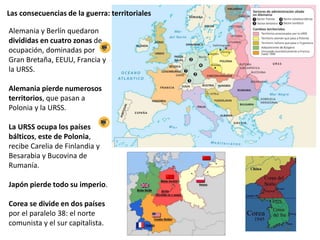 Las consecuencias de la guerra: territoriales
Alemania y Berlín quedaron
divididas en cuatro zonas de
ocupación, dominadas por
Gran Bretaña, EEUU, Francia y
la URSS.
Alemania pierde numerosos
territorios, que pasan a
Polonia y la URSS.
La URSS ocupa los países
bálticos, este de Polonia,
recibe Carelia de Finlandia y
Besarabia y Bucovina de
Rumanía.
Japón pierde todo su imperio.
Corea se divide en dos países
por el paralelo 38: el norte
comunista y el sur capitalista.
 