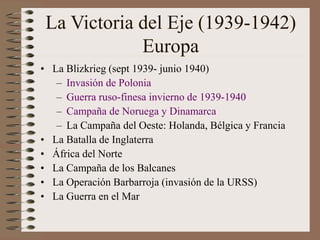 La Victoria del Eje (1939-1942)
Europa
• La Blizkrieg (sept 1939- junio 1940)
– Invasión de Polonia
– Guerra ruso-finesa invierno de 1939-1940
– Campaña de Noruega y Dinamarca
– La Campaña del Oeste: Holanda, Bélgica y Francia
• La Batalla de Inglaterra
• África del Norte
• La Campaña de los Balcanes
• La Operación Barbarroja (invasión de la URSS)
• La Guerra en el Mar
 
