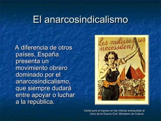 El anarcosindicalismoEl anarcosindicalismo
A diferencia de otrosA diferencia de otros
países, Españapaíses, España
presenta unpresenta un
movimiento obreromovimiento obrero
dominado por eldominado por el
anarcosindicalismo,anarcosindicalismo,
que siempre dudaráque siempre dudará
entre apoyar o lucharentre apoyar o luchar
a la república.a la república.
Cartel para el ingreso en las milicias anarquistas alCartel para el ingreso en las milicias anarquistas al
inicio de la Guerra Civil. Ministerio de Culturainicio de la Guerra Civil. Ministerio de Cultura
 