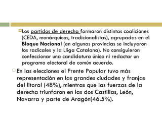 Los  partidos de derecha  formaron distintas coaliciones (CEDA, monárquicos, tradicionalistas), agrupadas en el  Bloque Nacional  (en algunas provincias se incluyeron los radicales y la Lliga Catalana). No consiguieron confeccionar una candidatura única ni redactar un programa electoral de común acuerdo. En las elecciones el Frente Popular tuvo más representación en las grandes ciudades y franjas del litoral (48%), mientras que las fuerzas de la derecha triunfaron en las dos Castillas, León, Navarra y parte de Aragón(46.5%). 