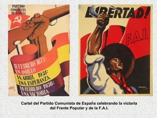 Cartel del Partido Comunista de España celebrando la victoria del Frente Popular y de la F.A.I. 