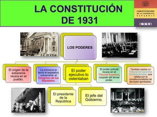LA CONSTITUCIÓN
                       DE 1931

                                         LOS PODERES




El origen de la     La primacía la                           El poder judicial    También existía un
                  tenía el legislativo
                                           El poder             recaía en el     Tribunal de Garantías
  soberanía
 recaía en el       unicameral, el        ejecutivo lo      Tribunal Supremo,    Constitucionales, que
                                                                                      velaba por la
                  Congreso de los                           cúspide del tercer
    pueblo.          Diputados.
                                          ostentaban               poder.        constitucionalidad de
                                                                                 las leyes aprobadas.




                                El presidente       El jefe del
                                    de la
                                 República          Gobierno.
 