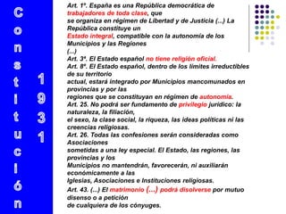 Art. 1º. España es una República democrática de
trabajadores de toda clase, que
se organiza en régimen de Libertad y de Justicia (...) La
República constituye un
Estado integral, compatible con la autonomía de los
Municipios y las Regiones
(...)
Art. 3ª. El Estado español no tiene religión oficial.
Art. 8º. El Estado español, dentro de los límites irreductibles
de su territorio
actual, estará integrado por Municipios mancomunados en
provincias y por las
regiones que se constituyan en régimen de autonomía.
Art. 25. No podrá ser fundamento de privilegio jurídico: la
naturaleza, la filiación,
el sexo, la clase social, la riqueza, las ideas políticas ni las
creencias religiosas.
Art. 26. Todas las confesiones serán consideradas como
Asociaciones
sometidas a una ley especial. El Estado, las regiones, las
provincias y los
Municipios no mantendrán, favorecerán, ni auxiliarán
económicamente a las
Iglesias, Asociaciones e Instituciones religiosas.
Art. 43. (...) El matrimonio (...) podrá disolverse por mutuo
disenso o a petición
de cualquiera de los cónyuges.
 