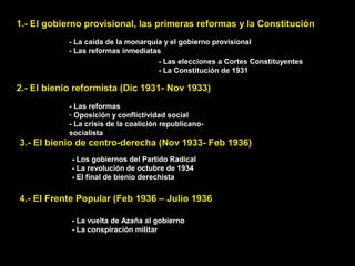 1.- El gobierno provisional, las primeras reformas y la Constitución
- La caída de la monarquía y el gobierno provisional
- Las reformas inmediatas
- Las elecciones a Cortes Constituyentes
- La Constitución de 1931
2.- El bienio reformista (Dic 1931- Nov 1933)
- Las reformas
- Oposición y conflictividad social
- La crisis de la coalición republicano-
socialista
3.- El bienio de centro-derecha (Nov 1933- Feb 1936)
- Los gobiernos del Partido Radical
- La revolución de octubre de 1934
- El final de bienio derechista
4.- El Frente Popular (Feb 1936 – Julio 1936
- La vuelta de Azaña al gobierno
- La conspiración militar
 