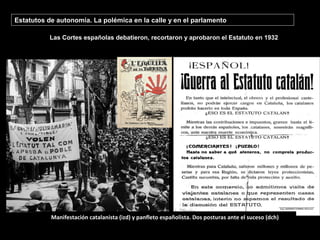 Estatutos de autonomía. La polémica en la calle y en el parlamento
Las Cortes españolas debatieron, recortaron
y aprobaron el Estatuto en 1932
Manifestación catalanista (izd) y panfleto españolista. Dos posturas ante el suceso (dch)
Las Cortes españolas debatieron, recortaron y aprobaron el Estatuto en 1932
 