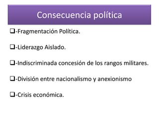 Consecuencia política
-Fragmentación Política.
-Liderazgo Aislado.
-Indiscriminada concesión de los rangos militares.
-División entre nacionalismo y anexionismo

-Crisis económica.

 