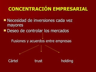 CONCENTRACIÓN EMPRESARIAL Necesidad de inversiones cada vez mayores Deseo de controlar los mercados Fusiones y acuerdos entre empresas Cártel   trust holding 