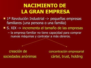 NACIMIENTO DE  LA GRAN EMPRESA 1ª Revolución Industrial -> pequeñas empresas familiares (una persona o una familia) S. XIX ->  incrementa el tamaño de las empresas la empresa familiar no tiene capacidad para comprar nuevas máquinas y contratar a más obreros.   creación de  concentración empresarial sociedades anónimas   cártel, trust, holding 