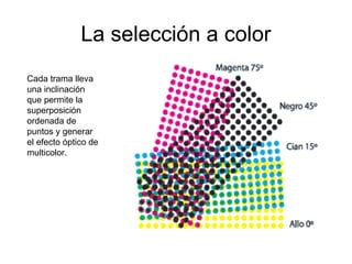 La selección a color
Cada trama lleva
una inclinación
que permite la
superposición
ordenada de
puntos y generar
el efecto óptico de
multicolor.
 