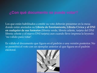 Los que están habilitados a emitir su voto deberán presentar en la mesa
donde están anotados su Libreta de Enrolamiento, Libreta Cívica y el DNI
en cualquier de sus formatos (libreta verde, libreta celeste, tarjeta del DNI
libreta celeste y el nuevo DNI tarjeta) aun cuando lleve impresa la leyenda
"no válido para votar".
Es válido el documento que figura en el padrón o una versión posterior. No
se permitirá el voto con un ejemplar anterior al que figura en el padrón
electoral.
¿Con qué documento se puede votar?
 