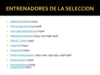 ENTRENADORES DE LA SELECCIONAdolfo Frías Beltrán (1923)Alfonso Rojo de la Vega (1928)Juan Luque de Serrallonga (1930)Rafael Garza Gutiérrez (1934, 1937-1938, 1949)Alfred C. Crowle (1935)Jorge Orth (1947)Octavio Vial (1950)Antonio López Herranz (1950, 1952, 1953-1954, 1956-1958)Horacio Casarín (1953)Fernando Marcos (1959)Arpad Fekete (1963)