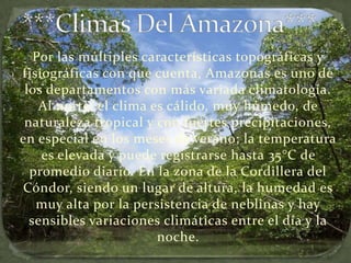 ***Climas Del Amazona***Por las múltiples características topográficas y fisiográficas con que cuenta, Amazonas es uno de los departamentos con más variada climatología. Al norte, el clima es cálido, muy húmedo, de naturaleza tropical y con fuertes precipitaciones, en especial en los meses de verano; la temperatura es elevada y puede registrarse hasta 35°C de promedio diario. En la zona de la Cordillera del Cóndor, siendo un lugar de altura, la humedad es muy alta por la persistencia de neblinas y hay sensibles variaciones climáticas entre el día y la noche. 