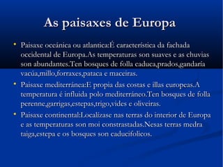 As paisaxes de Europa

    Paisaxe oceánica ou atlantica:É característica da fachada
    occidental de Europa.As temperaturas son suaves e as chuvias
    son abundantes.Ten bosques de folla caduca,prados,gandaría
    vacúa,millo,forraxes,pataca e maceiras.

    Paisaxe mediterránea:E propia das costas e illas europeas.A
    temperatura é influida polo mediterráneo.Ten bosques de folla
    perenne,garrigas,estepas,trigo,vides e oliveiras.

    Paisaxe continental:Localízase nas terras do interior de Europa
    e as temperaturas son moi constrastadas.Nesas terras medra
    taiga,estepa e os bosques son caducifolicos.
 