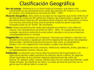 Clasificación Geográfica
Tipo de paisaje : Pertenece a un clima tropical húmedo, que tiene unas
    características de precipitaciones nada abundantes en invierno y muy altas
    en verano. Una temperatura de entre los 20ºC – 30ºC
Situación Geográfica : Este clima se localiza en las regiones que están entre los 5º
    de latitud Sur hasta los 23º latitud Sur (Trópico de Capricornio) y desde los 10º
    de latitud Norte hasta los 25º de latitud Norte (Trópico de Cáncer).Es un clima
    con mucha cercanía al mar, prácticamente todas las zonas tropicales
    húmedas están en el “límite” de mar/tierra.
Clima: Posee precipitaciones nada abundantes en invierno y muy altas en
    verano. Una temperatura de entre los 20ºC – 30ºC. El caudal de los ríos es
    variable, durante la estación lluviosa sufren crecidas y en la seca reducen
    considerablemente su caudal.
Vegetación: Se caracteriza por la Sabana, formada por hierbas y arbustos, los
    árboles son escasos y aparecen de forma dispersa.En las zonas más alejadas
    del ecuador, donde la estación lluviosa es más corta, se desarrolla la
    estepa, con una vegetación más pobre y suelos casi desnudos.
Fauna: Gran variedad de aves, insectos, herbívoros: elefantes, jirafas, gacelas, y
  sus depredadores: leones, hienas, etc.
Población: La estación seca hace difícil la práctica de la ganadería o la
  agricultura donde suelen practicar la rotación de los cultivos. En algunas
  zonas tropicales se encuentran extensas plantaciones de caña de
  azúcar, té, tabaco, piña, cacao. Allí las casas no son nada abundantes, suele
  haber refugios. Se clasifican en tribus. La clase de turismo que hay son la
  gente que va allí de safari y cosas así.
 