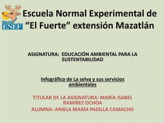 Escuela Normal Experimental de
“El Fuerte” extensión Mazatlán
ASIGNATURA: EDUCACIÓN AMBIENTAL PARA LA
SUSTENTABILIDAD
Infográfico de La selva y sus servicios
ambientales
TITULAR DE LA ASIGNATURA: MARÍA ISABEL
RAMÍREZ OCHOA
ALUMNA: ANIELA MARÍA PADILLA CAMACHO
 