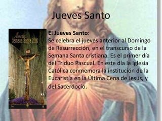 José Sulca Lima¿Qué es la semana santa?La Semana santa: Es la conmemoración anual cristiana de la Pasión, Muerte y Resurrección de Jesús de Nazaret o, lo que es igual, conmemorar sus últimos días; por ello, es un período de intensa actividad litúrgica dentro de las diversas confesiones cristianas
