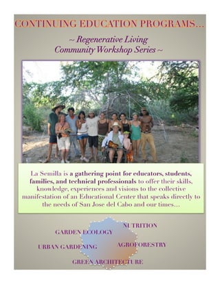 • Community Mapping  Project Development 


2010
        • Organic  Ecological Teaching Farm Establishment
        • Community Gardens Establishment
        • Green Building Center Establishment




        • Non-Proﬁt Status Established
        • Community Committee Establishment
        • Fundraising Campaign  Non-Proﬁt Development


2011
        • Early  Continuing Education Program Development
        • Living Pharmacy Establishment




        • Early  Continuing Education Program Pilot  Development
        • Continued Fundraising  Non-Proﬁt Development
        • Composting Center Establishment


2012   • Green Building  Animal Husbandry Center Development




        • Ecological Forest Gardens Establishment
        • Coordinated Multiple-Farm CSA Program Development
        • Edible School Garden Program Development
        • Regional Seed Saving Operation  Educational Program Development


2013
        • Continued Fundraising  Non-Proﬁt Development
 