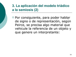 3. La aplicación del modelo triádico a la semiosis (2) Por consiguiente, para poder hablar de signo o de representación, según Peirce, se precisa algo material que vehicule la referencia de un objeto y que genere un interpretante:  