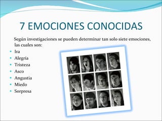 7 EMOCIONES CONOCIDAS Según investigaciones se pueden determinar tan solo siete emociones, las cuales son: Ira Alegría Tristeza Asco Angustia Miedo Sorpresa 