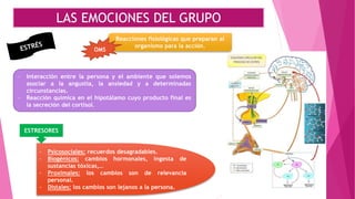LAS EMOCIONES DEL GRUPO
Reacciones fisiológicas que preparan al
organismo para la acción.
OMS
- Interacción entre la persona y el ambiente que solemos
asociar a la angustia, la ansiedad y a determinadas
circunstancias.
- Reacción química en el hipotálamo cuyo producto final es
la secreción del cortisol.
ESTRESORES
- Psicosociales: recuerdos desagradables.
- Biogénicos: cambios hormonales, ingesta de
sustancias tóxicas,…
- Proximales: los cambios son de relevancia
personal.
- Distales: los cambios son lejanos a la persona.
 
