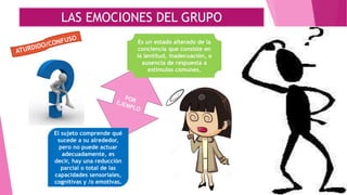 LAS EMOCIONES DEL GRUPO
El sujeto comprende qué
sucede a su alrededor,
pero no puede actuar
adecuadamente, es
decir, hay una reducción
parcial o total de las
capacidades sensoriales,
cognitivas y /o emotivas.
Es un estado alterado de la
conciencia que consiste en
la lentitud, inadecuación, o
ausencia de respuesta a
estímulos comunes.
 